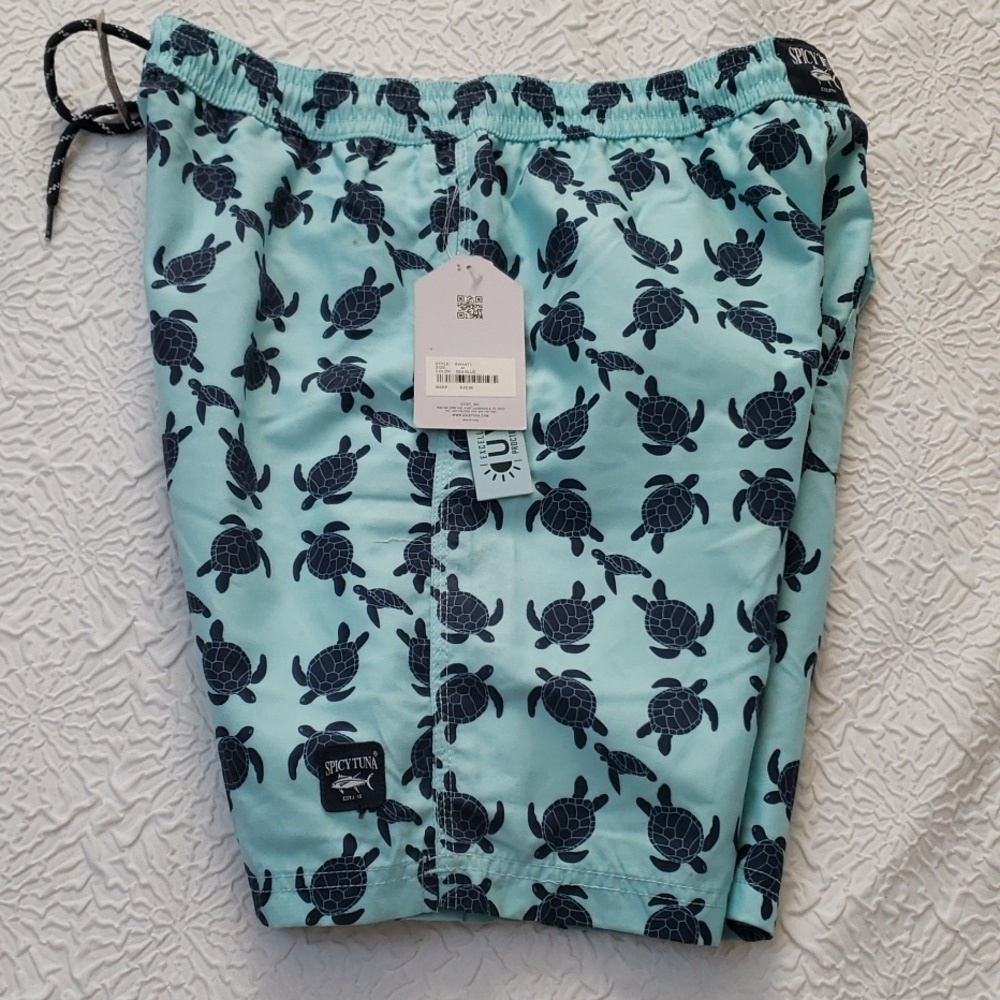 Spicy Tuna Coastal Collection Mens Sea Blue Turtel Print Swim Trunks M, NWT